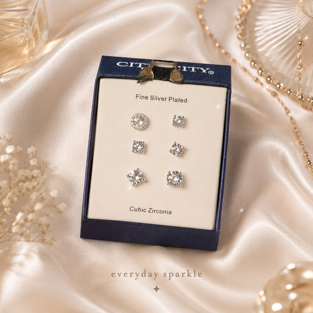 City by City Fine Silver Plated Cubic Zirconia Stud Earrings Set 3 Pair